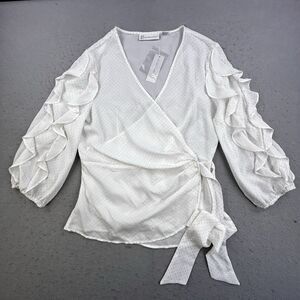 New York and Company Wrap Blouse Size Small White Tie Front Rivet Dot Detail